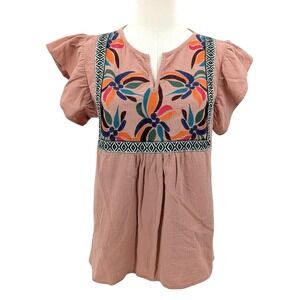 Embroidered Boho Peasant Top Flutter Sleeves Cotton Blush Womens Size S Pink